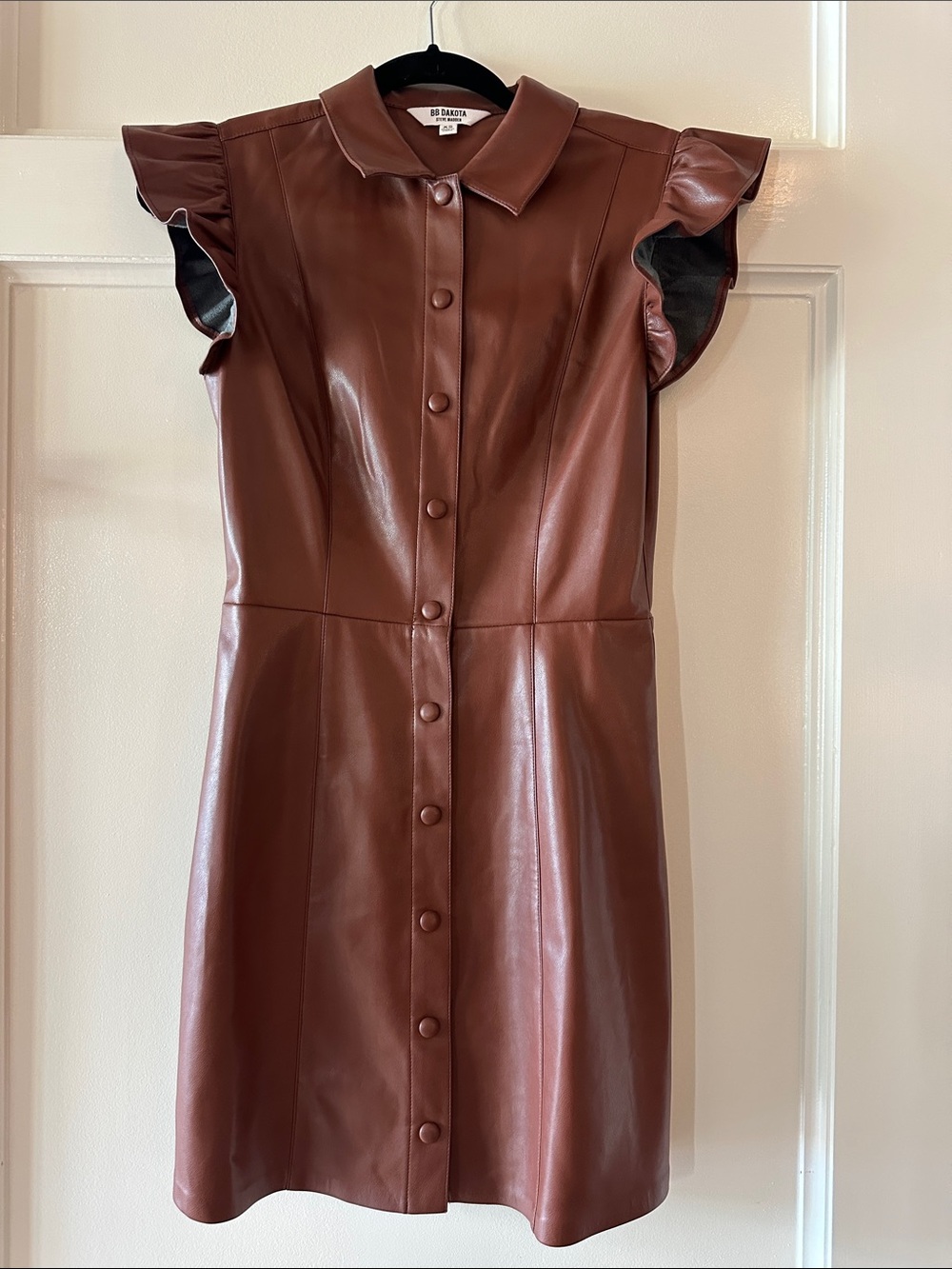 BB Dakota Brown Faux Leather Button-Front Ruffle Sleeve Mini Dress